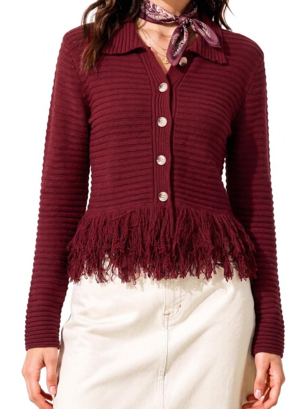 Women's Red Knit Button Front Collared Fringe Hem Western Cardigan Sweater
